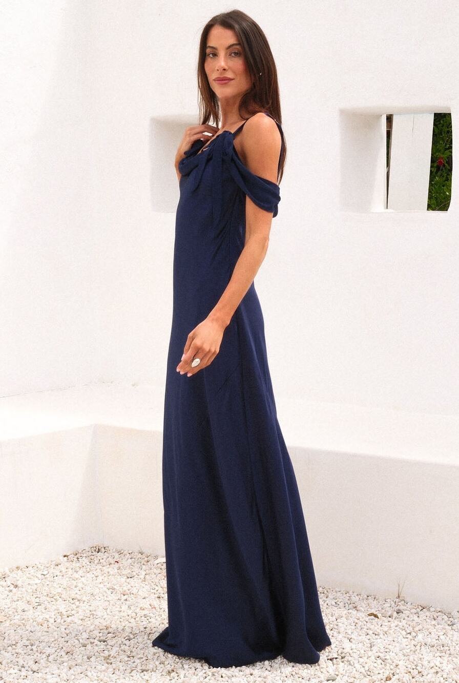 Show Me Your Mumu Bella Maxi Dress in Midnight Navy Luxe Satin L
